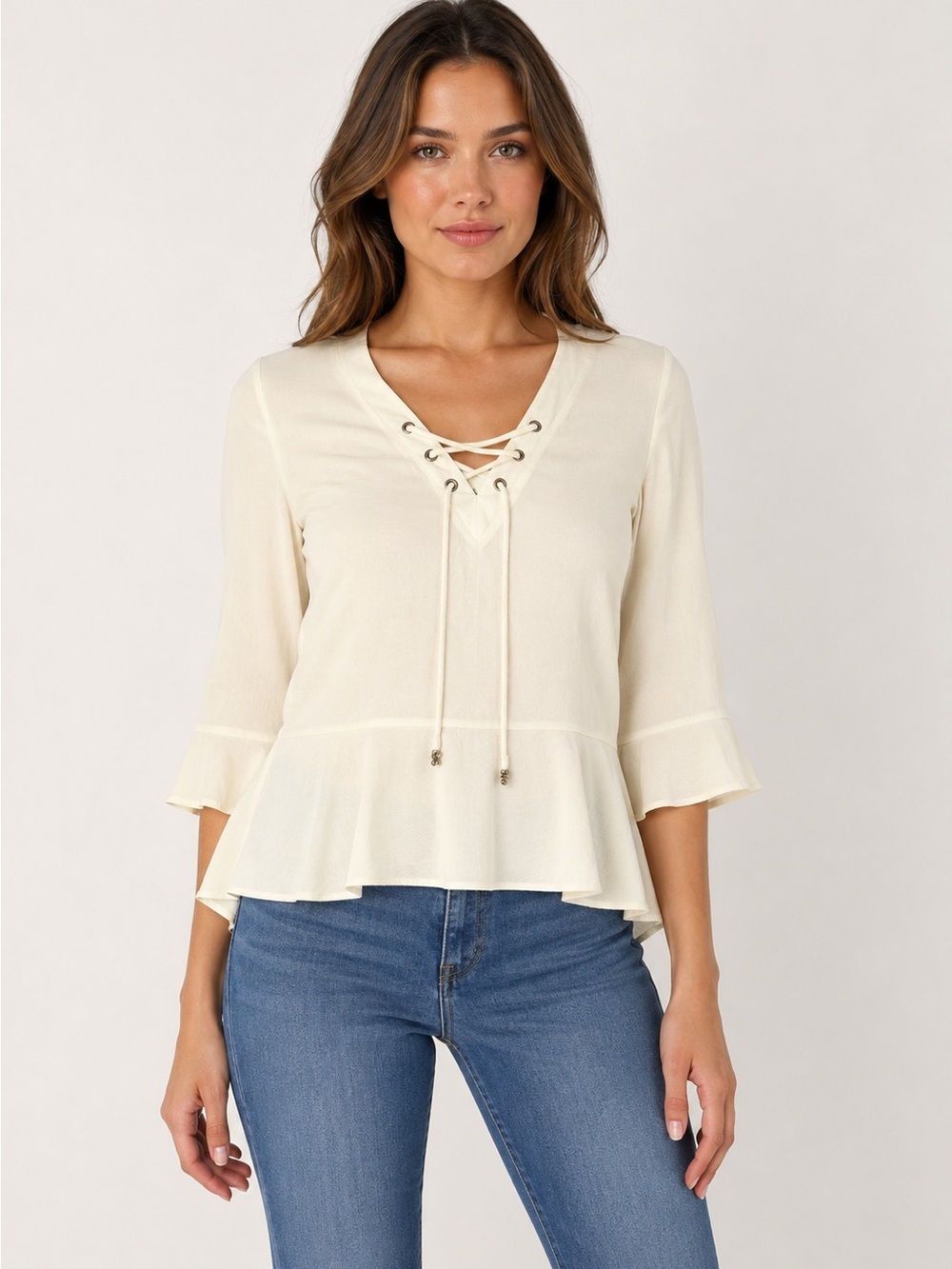 Frye Ivory Lace Up Peplum Blouse XL